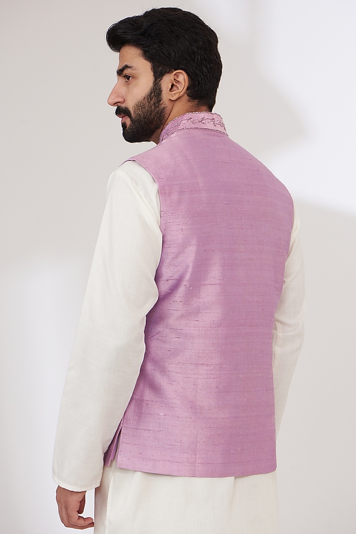 Lilac Raw Silk Embroidered Nehru Jacket by Yashodhara Men at Pernia's Pop Up Shop
