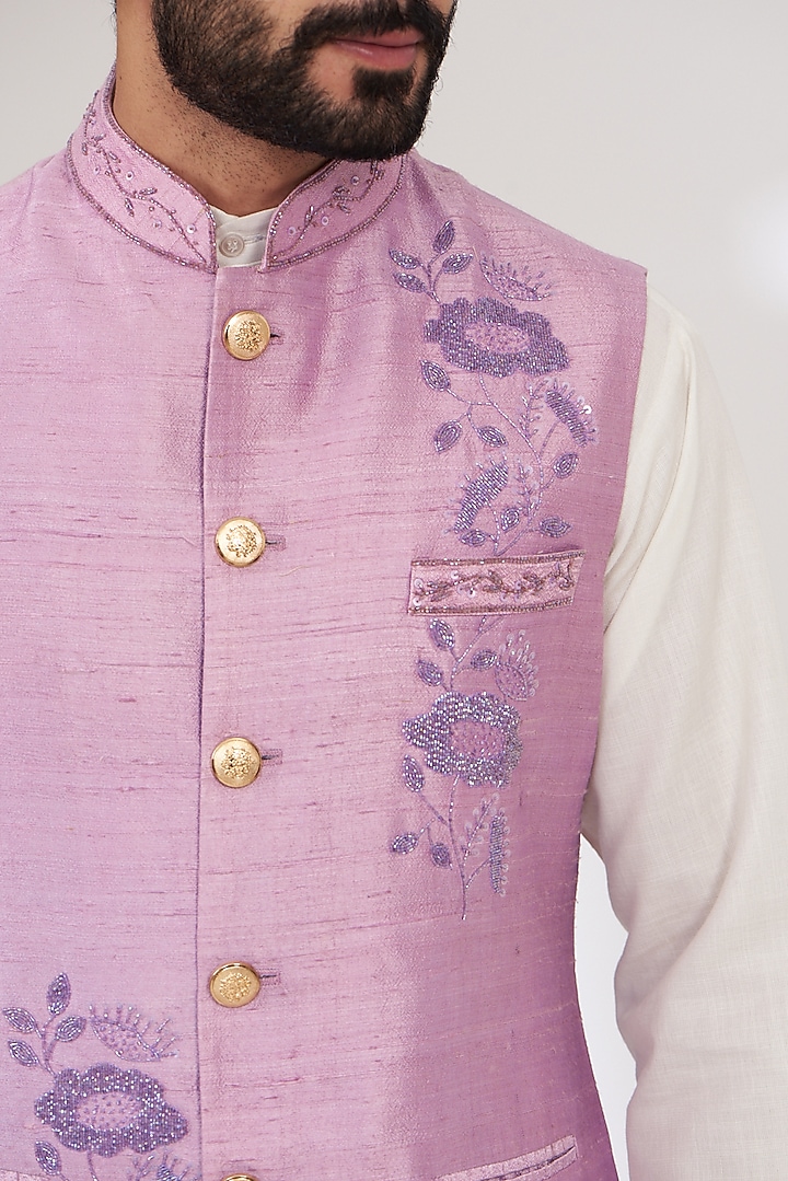Lilac Raw Silk Embroidered Nehru Jacket by Yashodhara Men at Pernia's Pop Up Shop