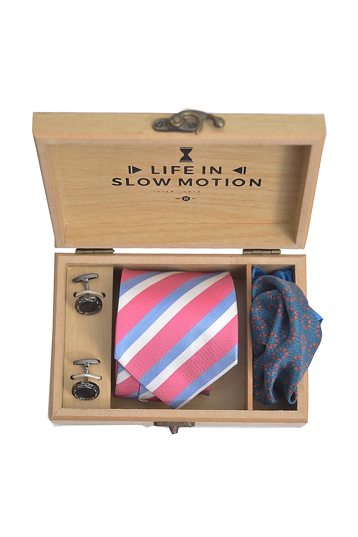 Pink & Blue Tie & Pocket Square Gift Set by Yashodhara Men