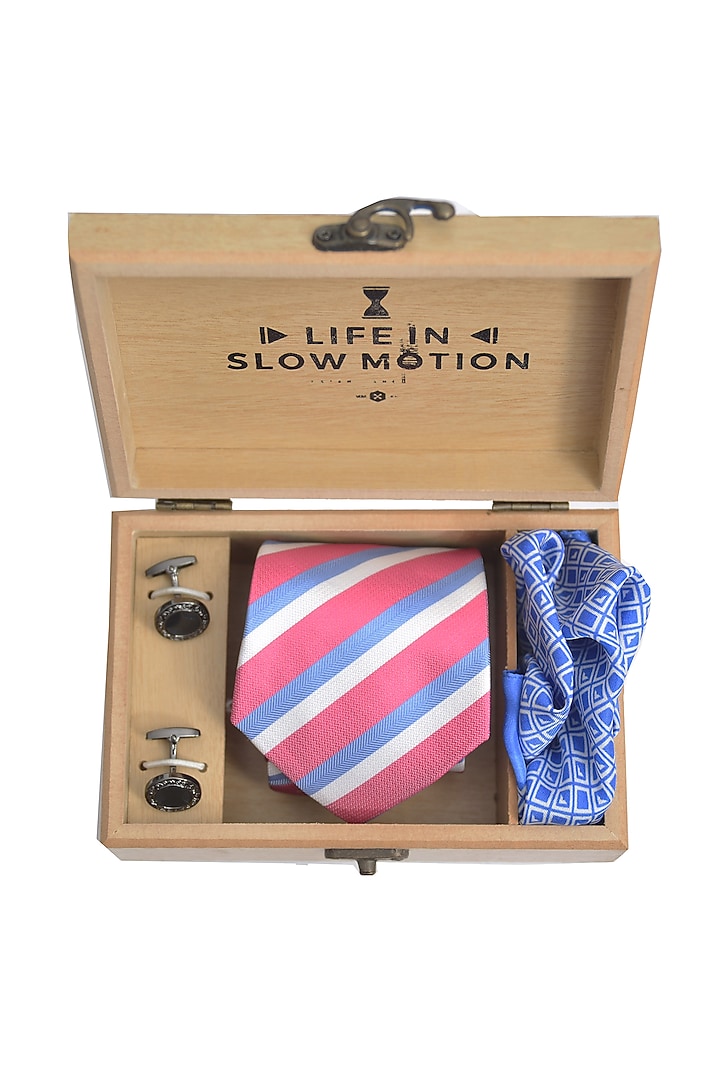 Blue & Pink Tie & Pocket Square Gift Set by Yashodhara Men