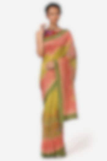 Green Silk Chanderi Printed Saree by Yam India