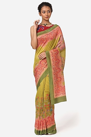 Green Silk Chanderi Printed Saree by Yam India