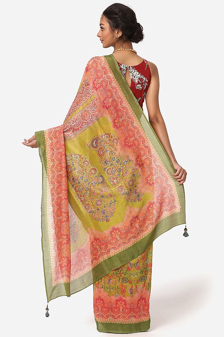 Green Silk Chanderi Printed Festive Saree by Yam India at Pernia's Pop Up Shop