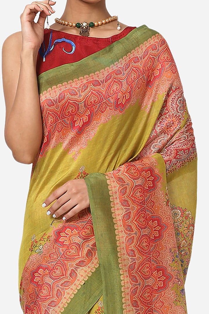 Green Silk Chanderi Printed Festive Saree by Yam India at Pernia's Pop Up Shop
