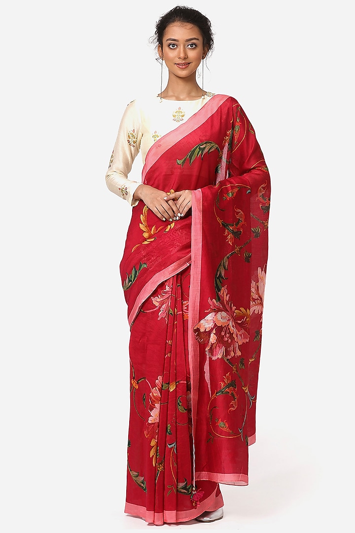 Rani Pink Silk Chanderi Printed Saree by Yam India at Pernia's Pop Up Shop