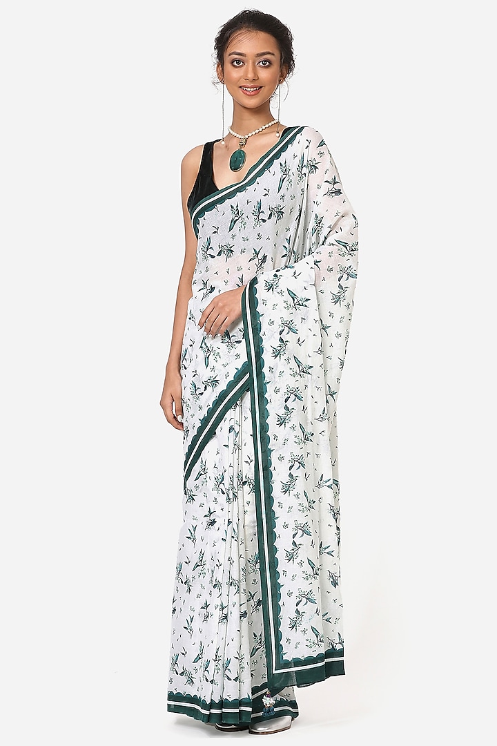 White Floral Printed Saree by Yam India