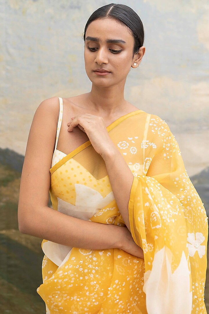 Yellow Hand Block Printed Party Wear Saree by Yam India at Pernia's Pop Up Shop