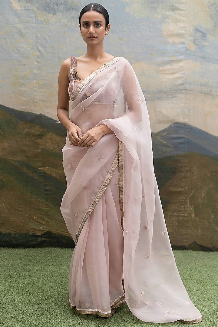 Onion Pink Hand Embroidered Saree by Yam India