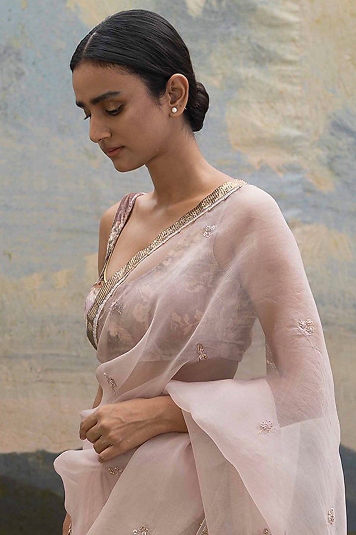 Onion Pink Hand Embroidered Party Wear Saree by Yam India at Pernia's Pop Up Shop