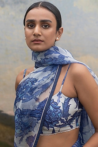 White Pure Silk Printed Blouse by Yam India