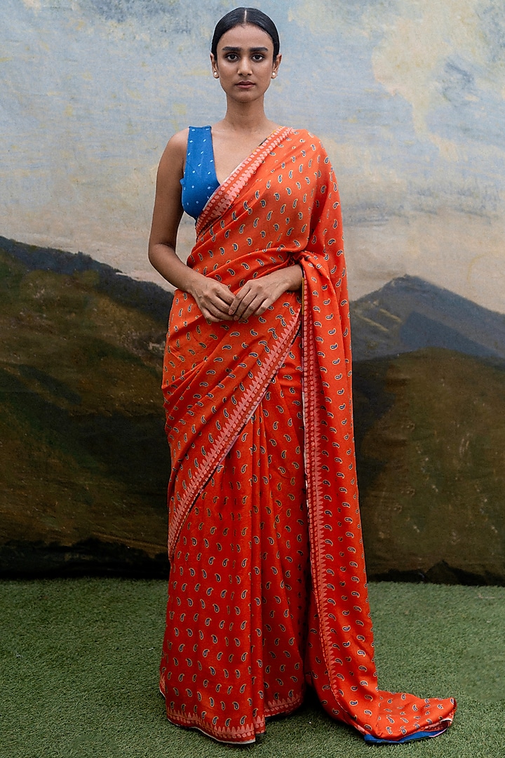 Orange Silk Hand Block & Paisley Printed Saree by Yam India