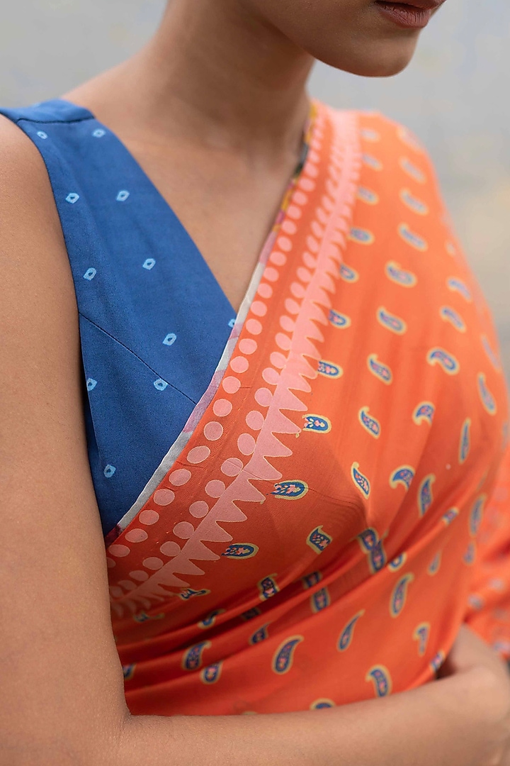Orange Silk Hand Block & Paisley Printed Party Wear Saree by Yam India at Pernia's Pop Up Shop