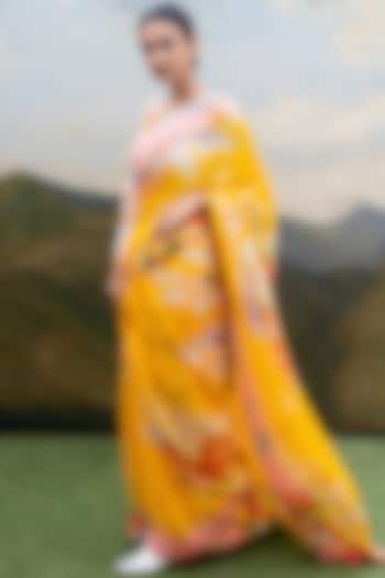 Yellow HandCrafted Printed Saree by Yam India