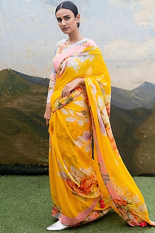 Yellow HandCrafted Printed Saree by Yam India