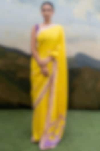 Yellow Silk Hand Block Printed Saree by Yam India