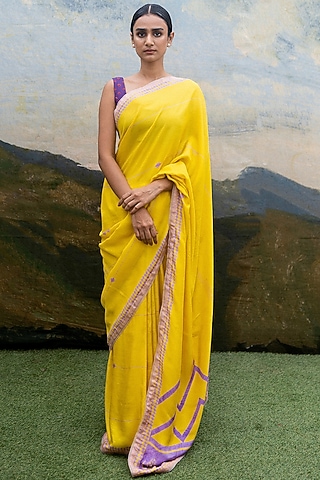 Yellow Silk Hand Block Printed Saree by Yam India