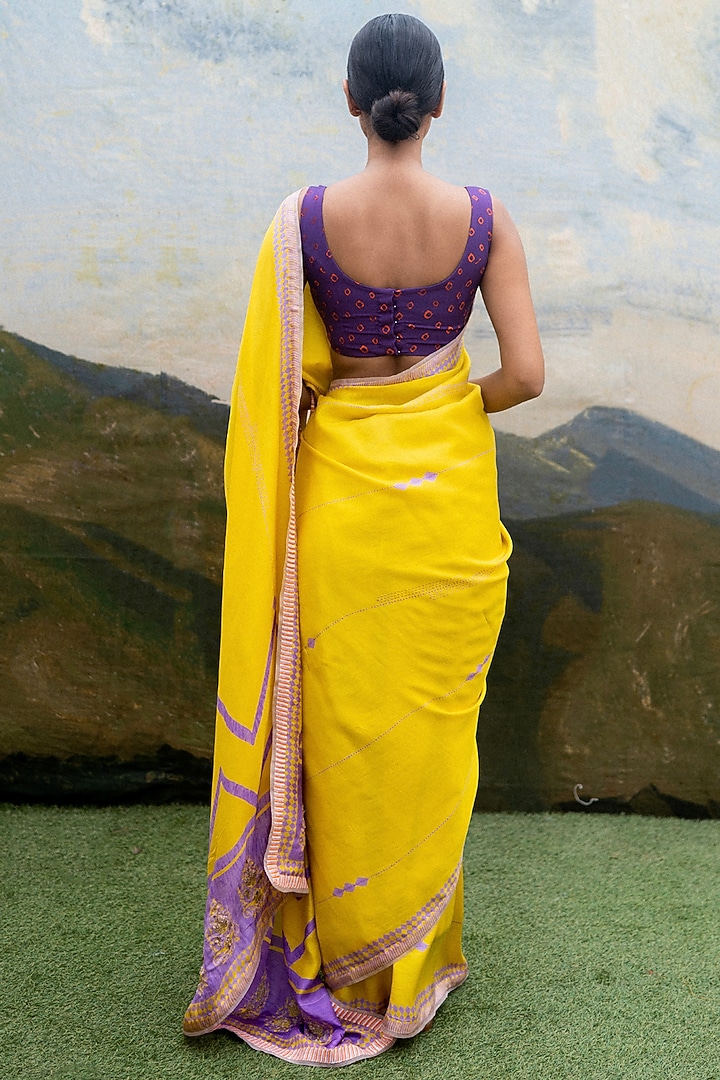Yellow Silk Hand Block Printed Party Wear Saree by Yam India at Pernia's Pop Up Shop