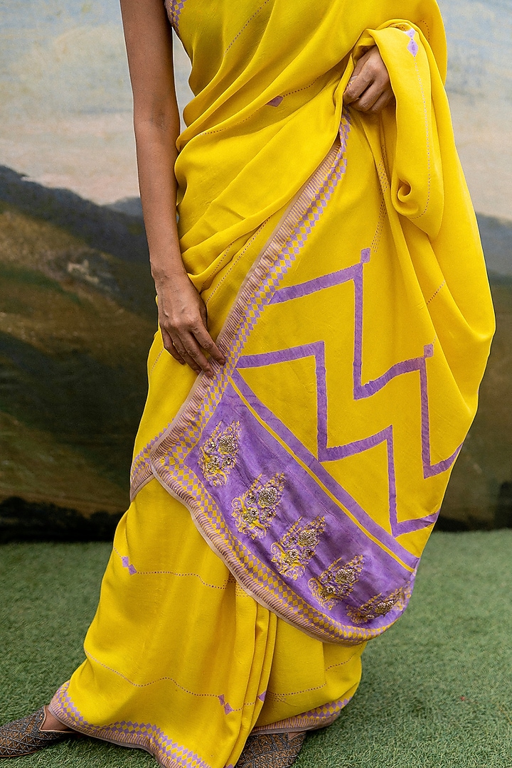 Yellow Silk Hand Block Printed Party Wear Saree by Yam India at Pernia's Pop Up Shop