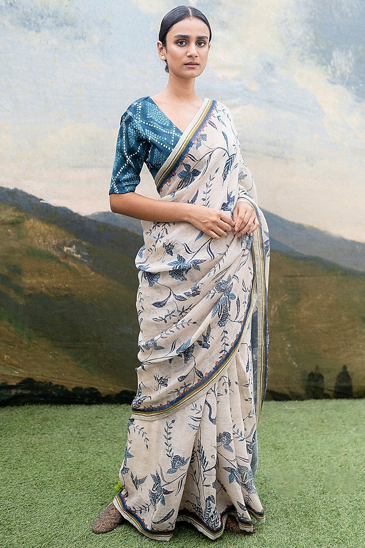 White Linen Printed Saree by Yam India