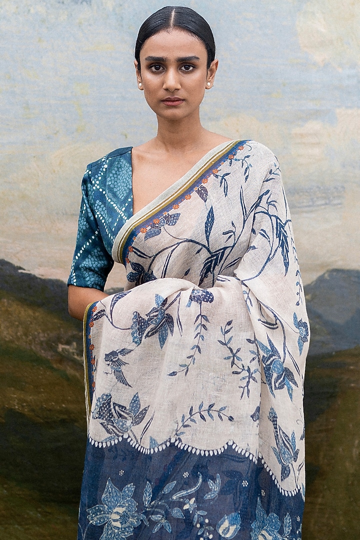 White Linen Printed Party Wear Saree by Yam India at Pernia's Pop Up Shop