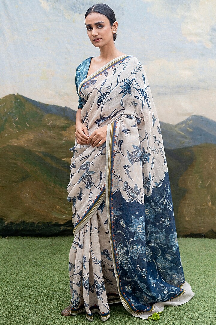White Linen Printed Party Wear Saree by Yam India at Pernia's Pop Up Shop