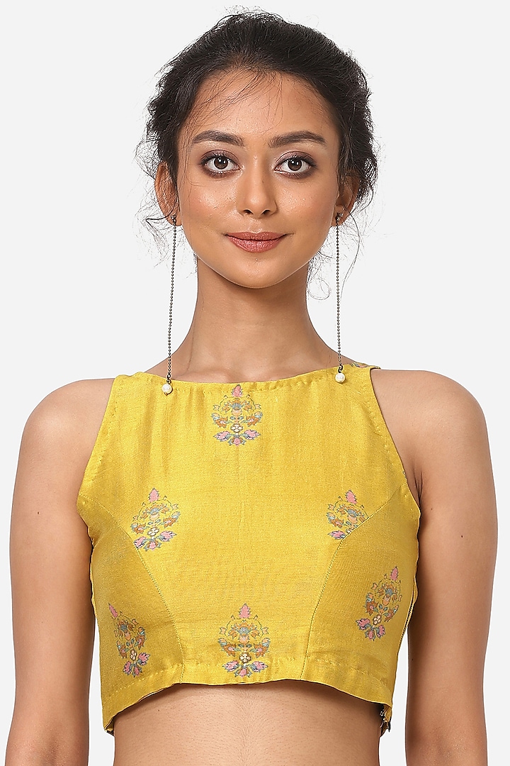 Yellow Silk Chanderi Printed Blouse by Yam India