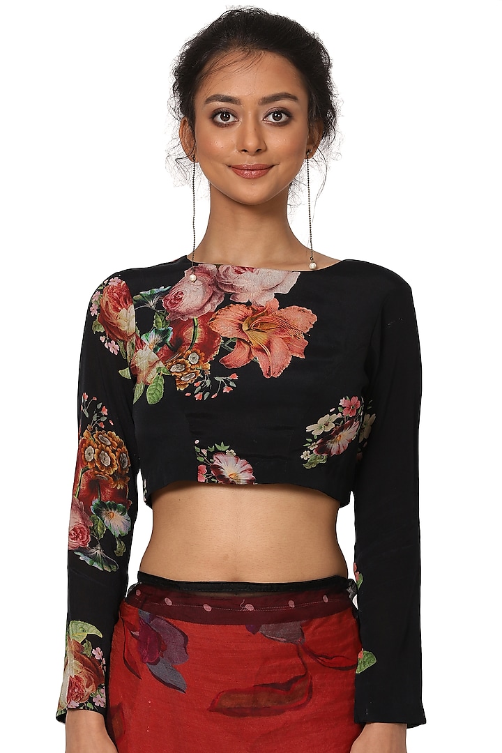 Black Crepe Printed Blouse by Yam India