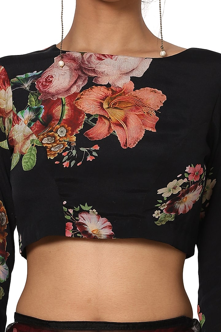 Black Crepe Printed Blouse by Yam India at Pernia's Pop Up Shop
