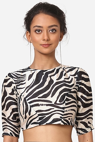 White Silk Chanderi Printed Blouse by Yam India