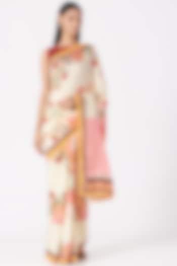 White Floral Printed Saree Set by Yam India
