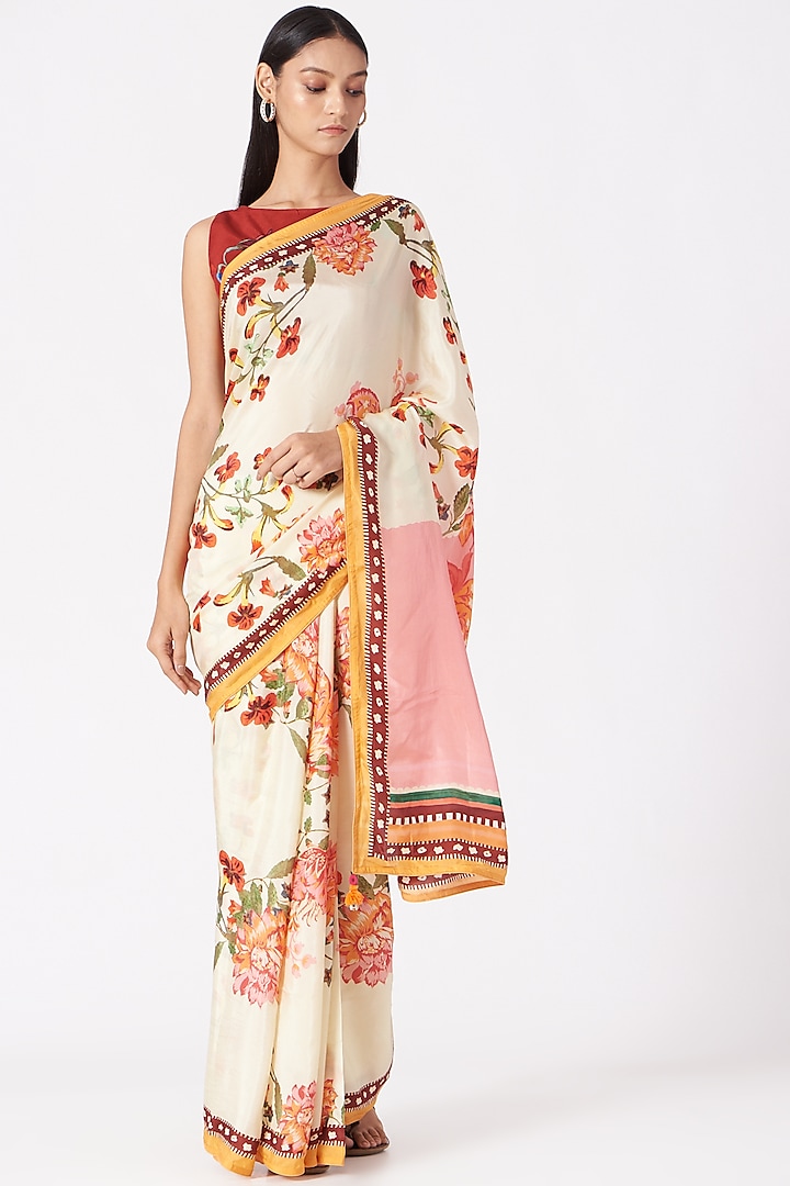 White Floral Printed Saree Set by Yam India