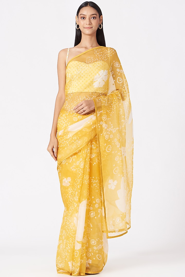 Yellow Floral Printed Saree Set by Yam India