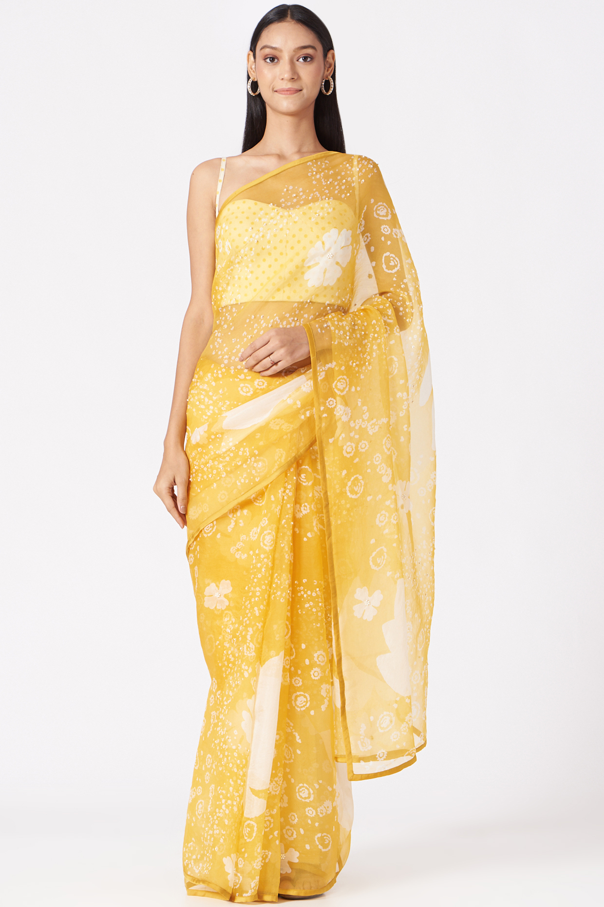 Yellow Floral Printed Saree Set by Yam India