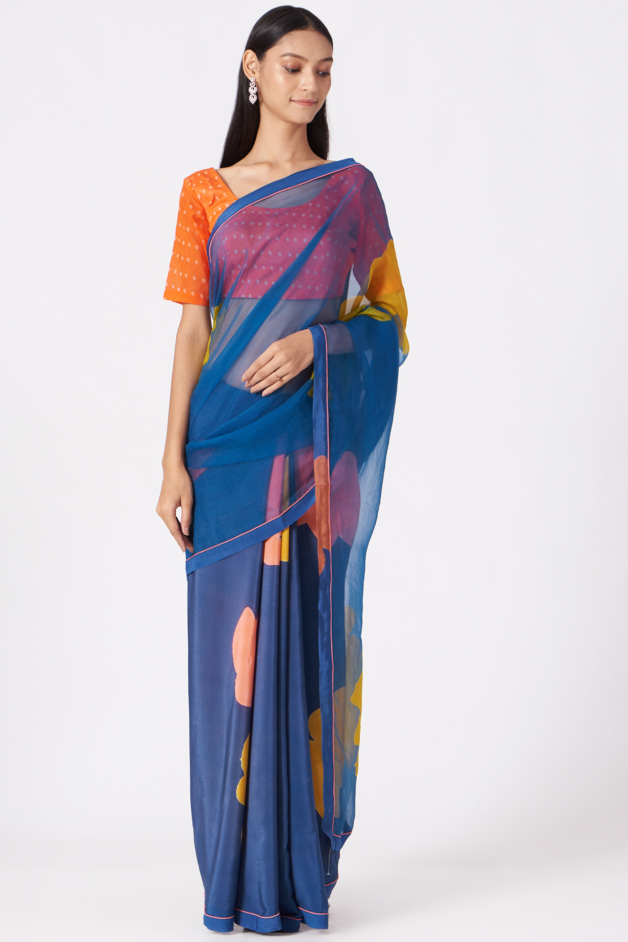 Cobalt Blue Crepe Hand Block Printed Party Wear Saree Set by Yam India at Pernia's Pop Up Shop