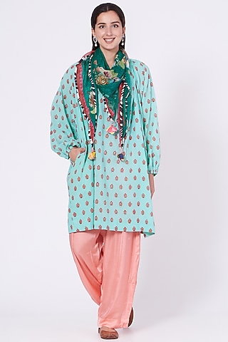 Powder Blue Hand Block Printed Kurta Set by Yam India
