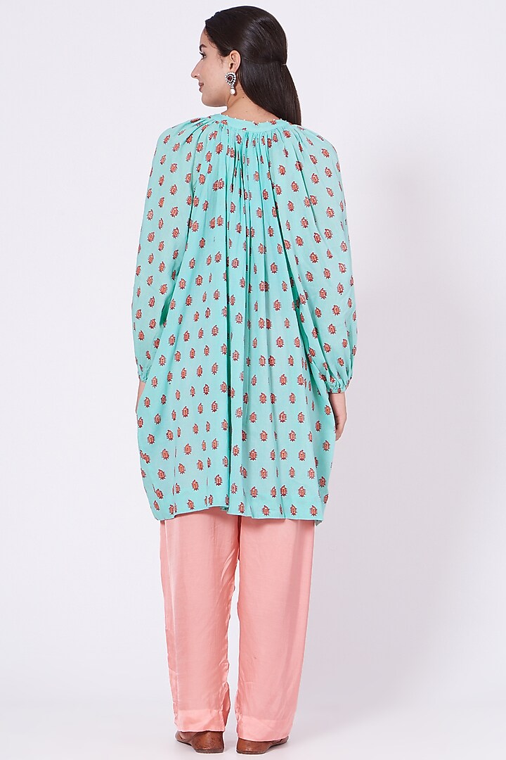 Powder Blue Hand Block Printed Kurta Set by Yam India at Pernia's Pop Up Shop