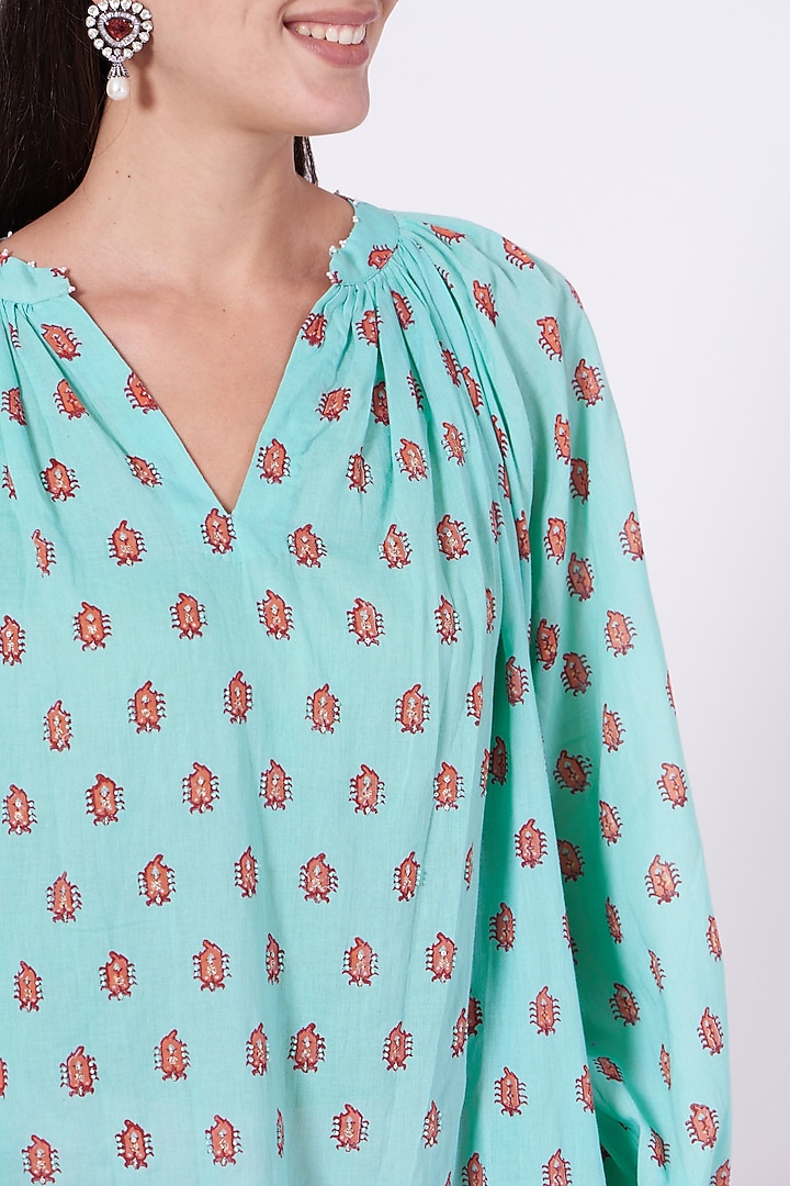 Powder Blue Hand Block Printed Kurta Set by Yam India at Pernia's Pop Up Shop