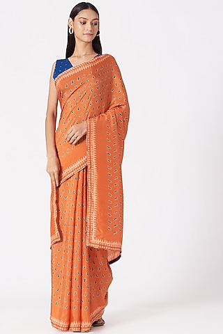 Orange Hand Block Printed Saree Set by Yam India