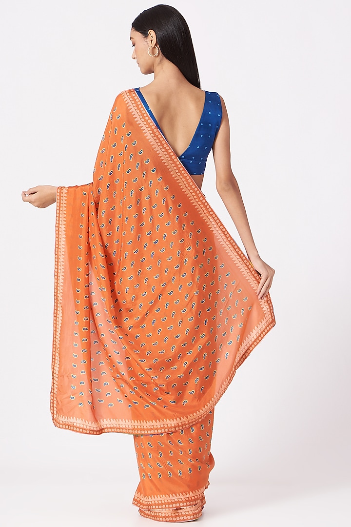 Orange Hand Block Printed Party Wear Saree Set by Yam India at Pernia's Pop Up Shop