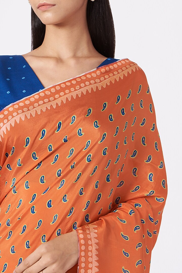 Orange Hand Block Printed Party Wear Saree Set by Yam India at Pernia's Pop Up Shop
