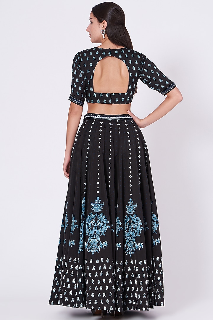 Black Flora Hand Block Printed Wedding Lehenga Set by Yam India at Pernia's Pop Up Shop