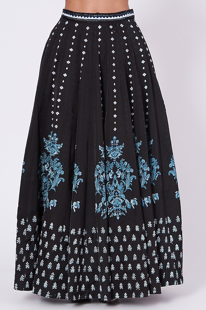 Black Flora Hand Block Printed Wedding Lehenga Set by Yam India at Pernia's Pop Up Shop