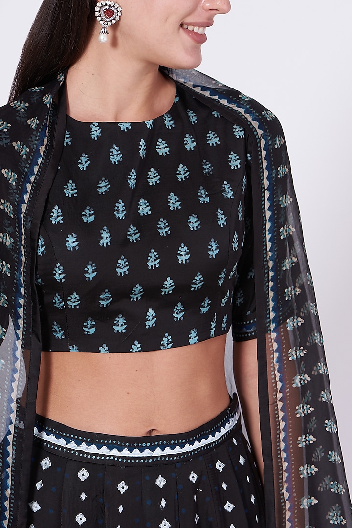 Black Flora Hand Block Printed Wedding Lehenga Set by Yam India at Pernia's Pop Up Shop