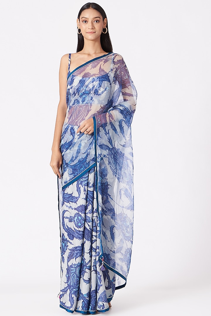 Cobalt Blue Digital Printed Saree Set by Yam India