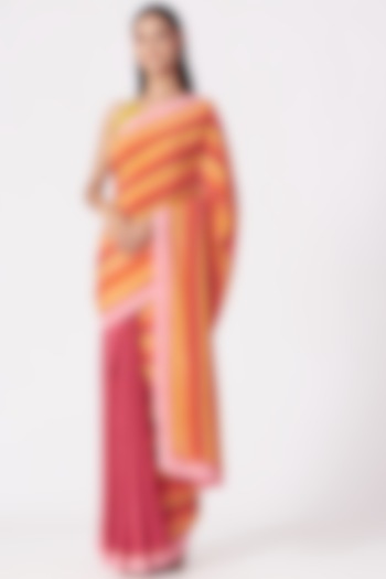 Orange & Fuchsia Bandhani Printed Saree Set by Yam India