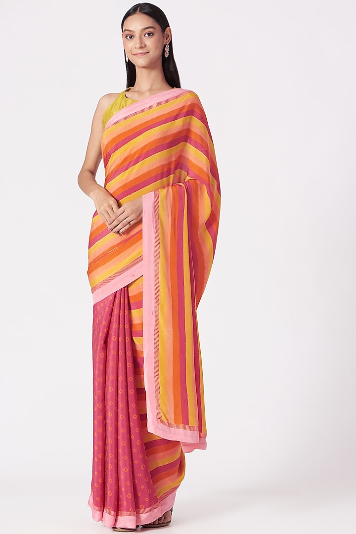 Orange & Fuchsia Bandhani Printed Saree Set by Yam India