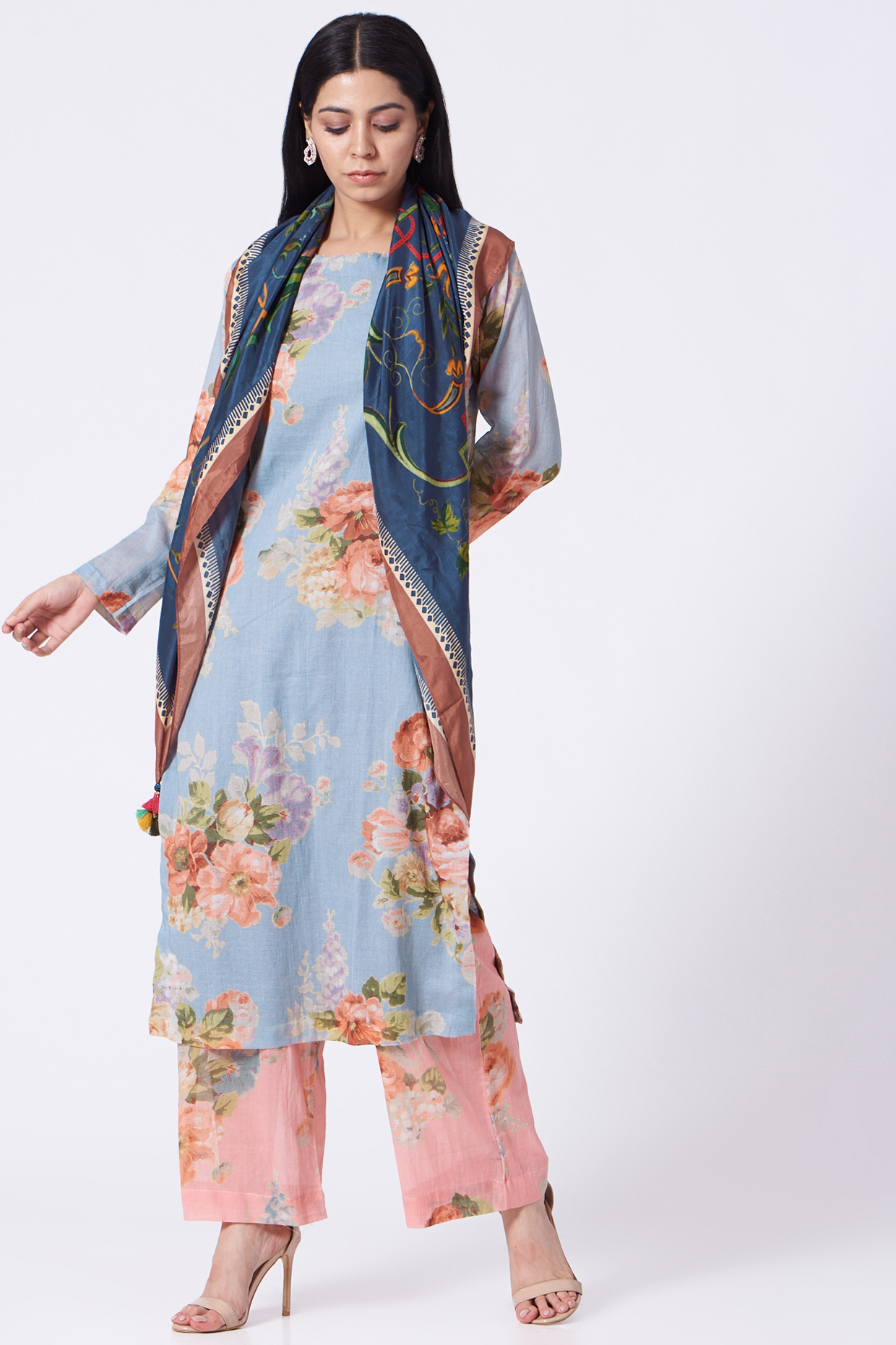 Sky Blue Floral Printed Kurta Set With Scarf by Yam India at Pernia's Pop Up Shop