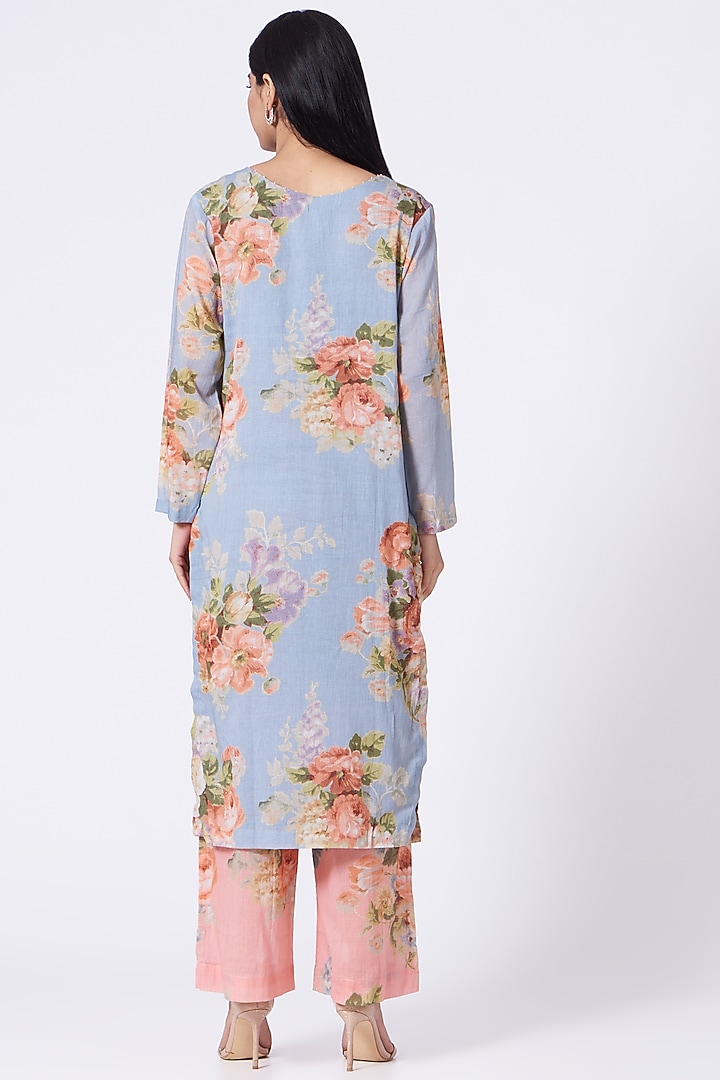 Sky Blue Floral Printed Kurta Set With Scarf by Yam India at Pernia's Pop Up Shop