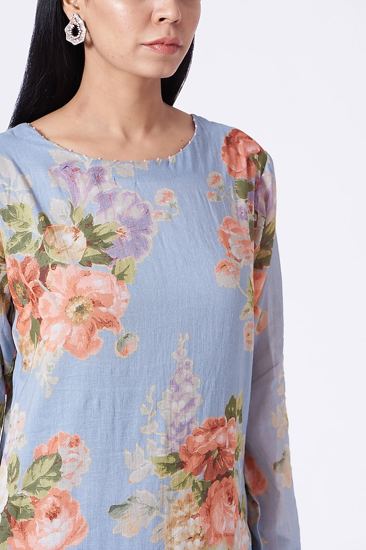 Sky Blue Floral Printed Kurta Set With Scarf by Yam India at Pernia's Pop Up Shop