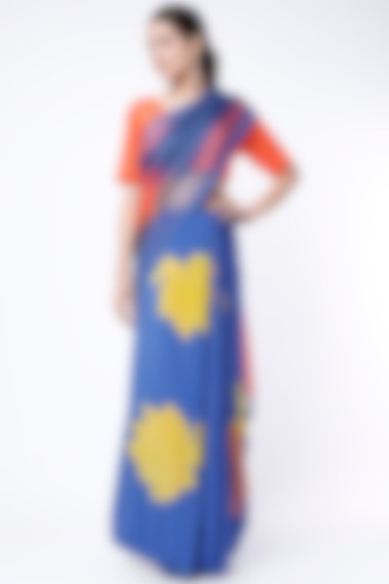 Cobalt Blue Crepe Hand Block Printed Party Wear Saree Set by Yam India at Pernia's Pop Up Shop